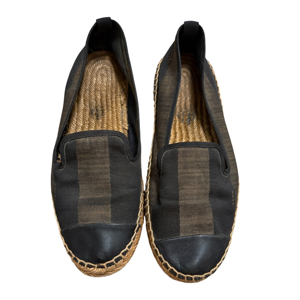 Fendi Womens 7.5/37.5 Pequin Canvas Espadrille Flats Brown Black Stripes Luxury